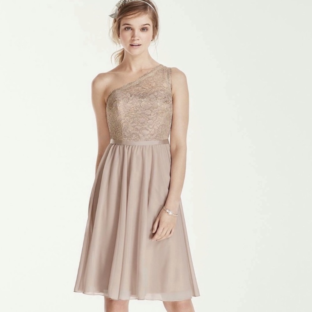 David’s Bridal One-Shoulder Lace Bodice Dress with Ribbon Belt